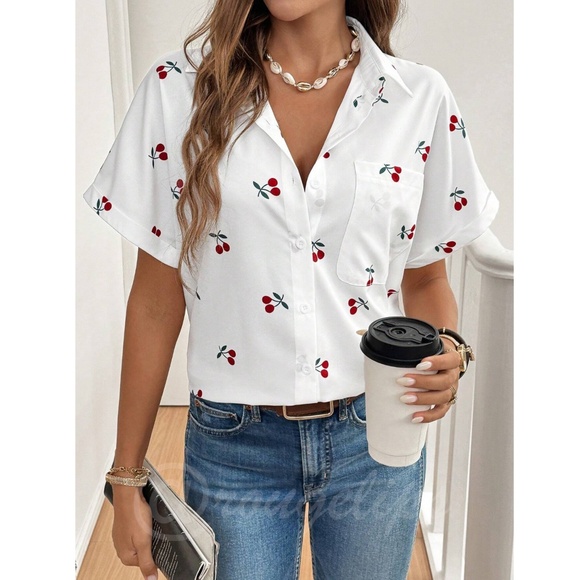 White Casual Shirt Printed Red Cherries Button Down Up - Picture 5 of 10